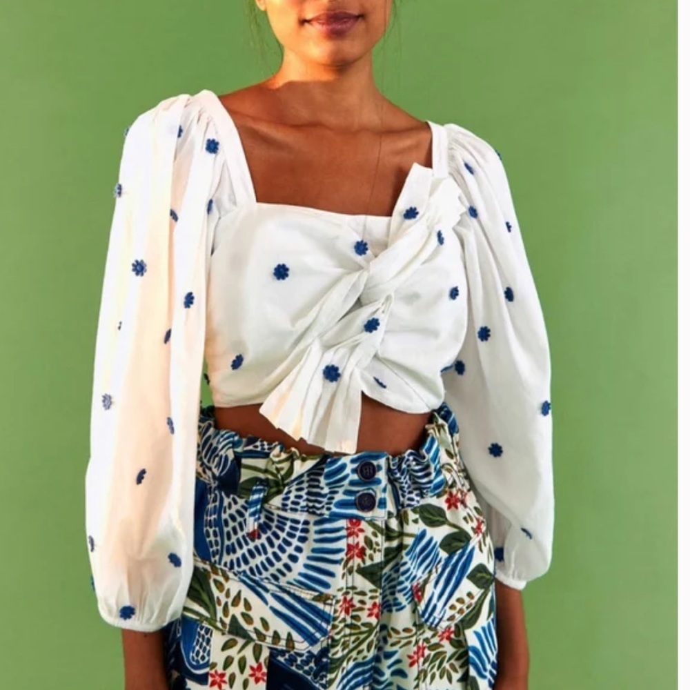 Farm Rio Blue Embroidered Flowers Long Sleeve Bow Crop Top 🌻Small